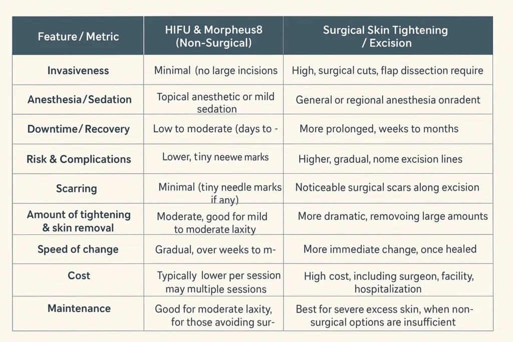 Table of skin tightening Halesowen benefits compared to surgical options